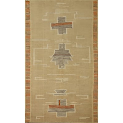 Hand Woven Oriental 100% Wool Carpet Southwestern Tribal Beige & Ivories Kilim Area Rug - 8' 10'' X 5' 8''