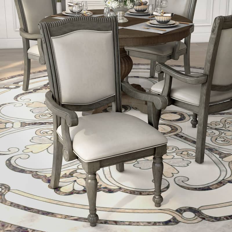 Tima Traditional Grey Faux leather Padded Dining Arm Chairs by Furniture of America (Set of 2)