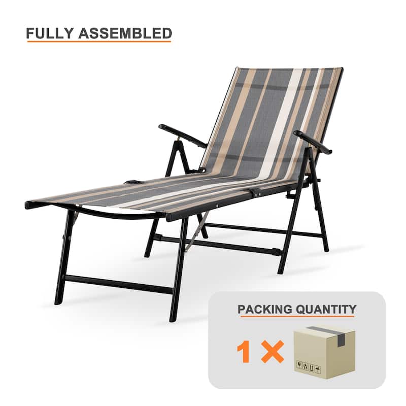 Outdoor Folding Chaise Lounge with 7-Position Adjustable Backrest and Armrests, Taupe Stripes - N/A