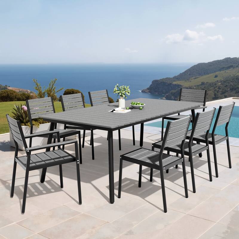 9PC Outdoor Patio Dining Set Aluminum Umbrella Hole Table with Stackable Chairs