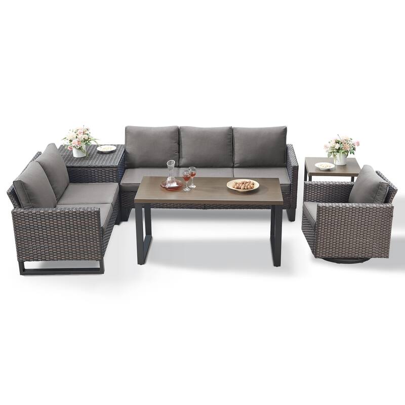 Gymojoy 6 Person Outdoor Patio Wicker Conversation Set Group With Swivel Chairs