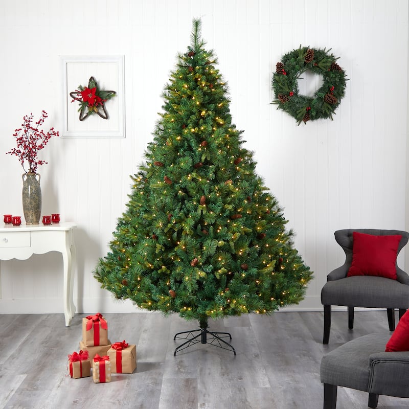 8ft. Full Bodied Mixed Pine Artificial Christmas Tree with 700 Clear LED Lights & Pine Cones - Towering Holiday X-Mas Tree