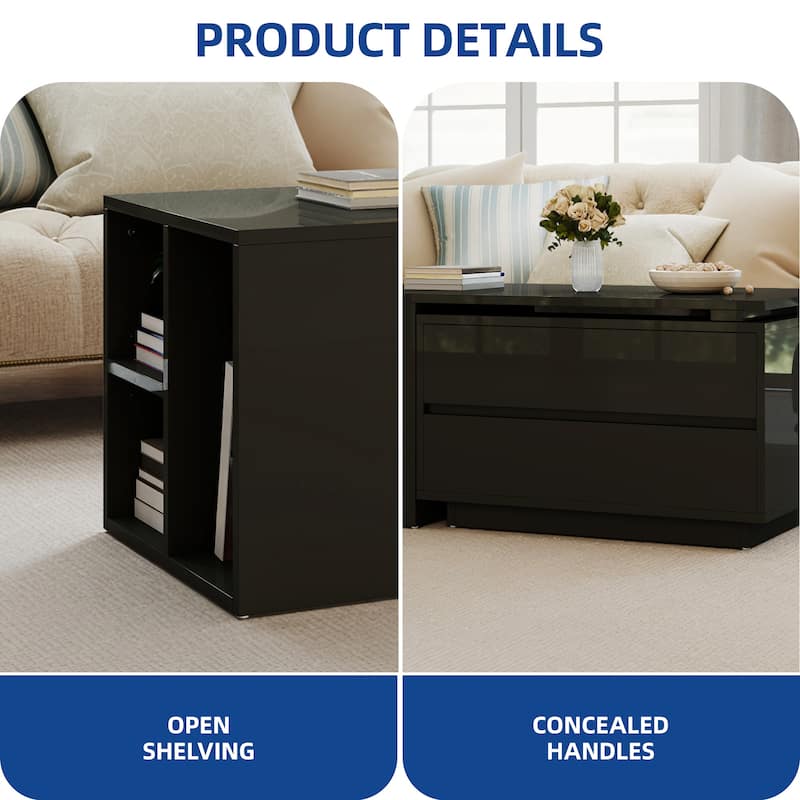 Moasis Modern Glossy LED Coffee Table with Drawers and Storage Shelves