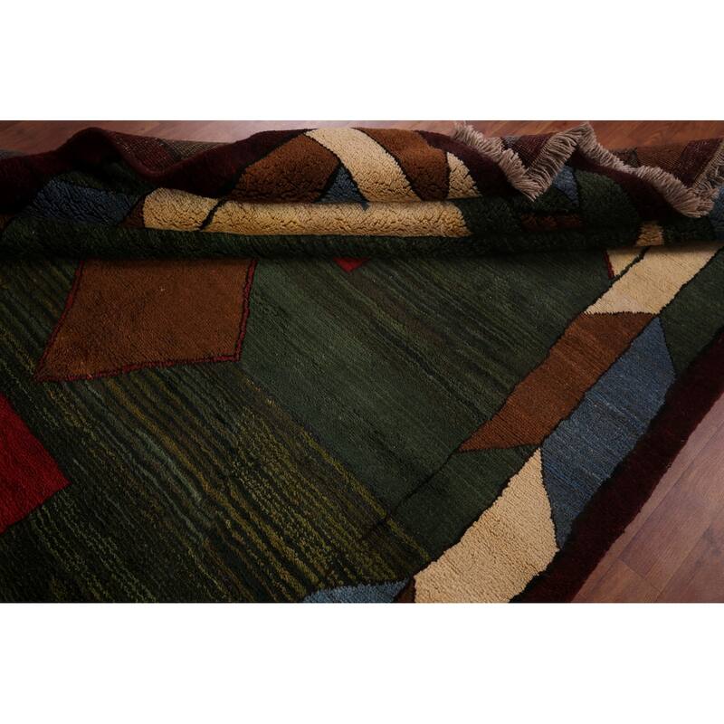 Green Geometric Gabbeh Persian Area Rug Hand-Knotted Wool Carpet - 6'5"x 10'2"