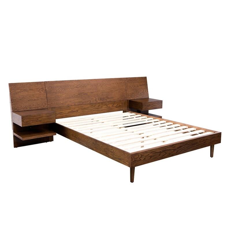 Roomfitters Clark Modern Platform Bed Frame, Wood Bed with Two Attached Nightstands, Mid Century Bedroom Set, Pecan