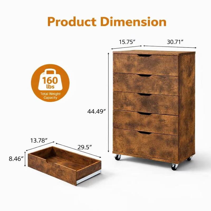 5 Drawer Dresser on Wheels Rustic Brown Rolling Chest of Drawers Storage Cabinet for Bedroom Closet, Wide Drawer Organizer