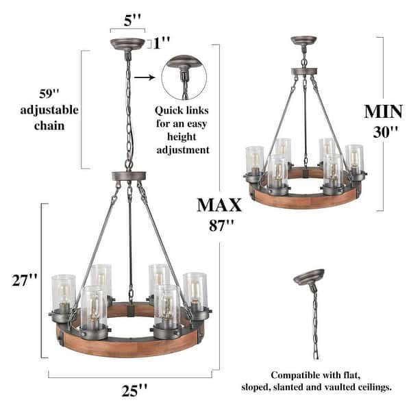 dimension image slide 3 of 4, Farmhouse 6-Light Wagon Wheel Wood Chandelier with Seeded Glass Shade for Dining Living Room