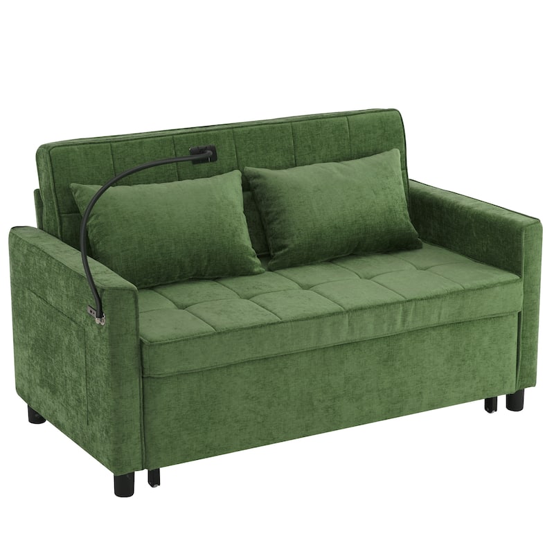 Roomfitters Loveseat Sleeper Sofa Bed with USB Ports, Reversible Cushion, Side Pockets and Phone Holder