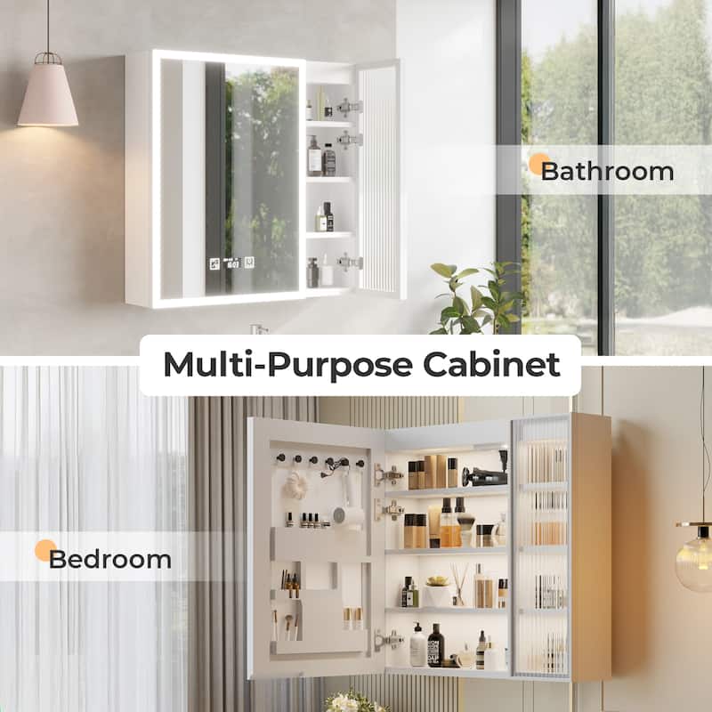 White MDF Bathroom Wall Cabinet with Glass Doors, LED, USB and Shelves - 28.2” L x 6.3” W x 27.6” H