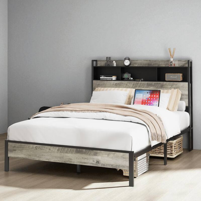 Twin/Full Size Bed Frame with Headboard Storage and Built-In Charging Station, Sturdy Wood & Metal Design - Grey - Full
