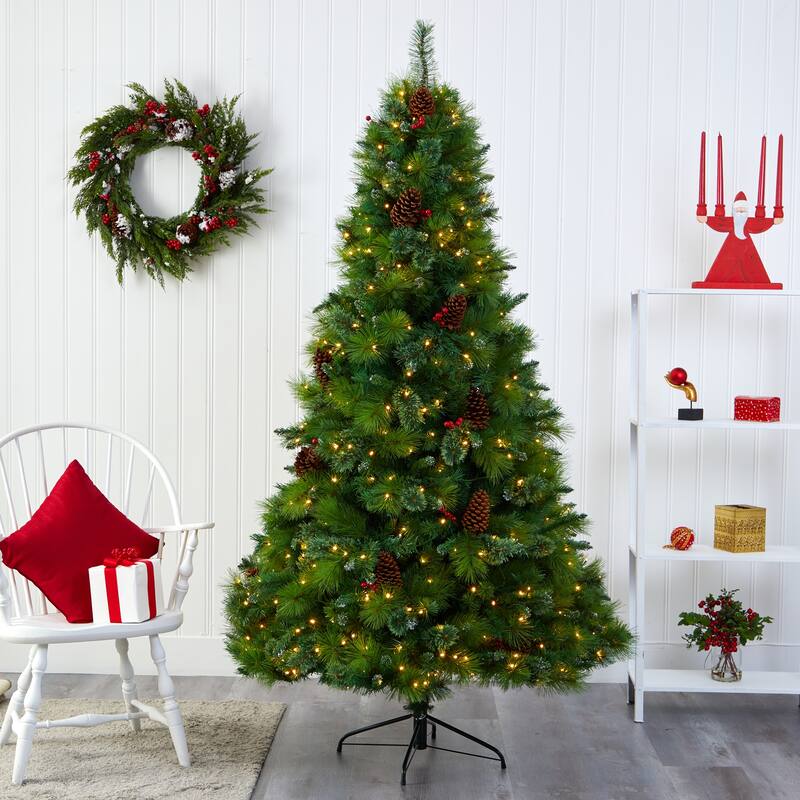 7ft. Mixed Pine Artificial Christmas Tree with Pine Cones, Berries and 500 Clear LED Lights - Full & Lush Holiday X-Mas Display