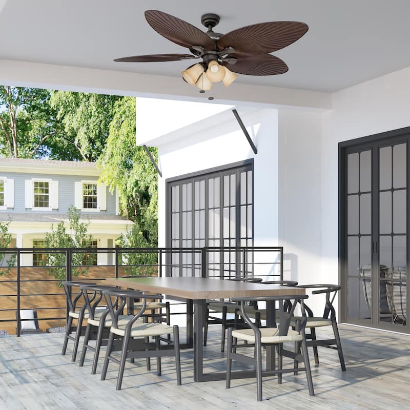 52" Honeywell Palm Island Bronze Indoor/Outdoor Ceiling Fan with Light, Pull Chain, 5 Palm Leaf Blades