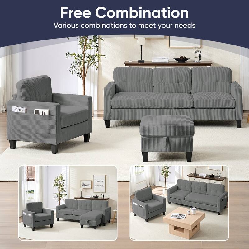 Mixoy 76'' L-Shaped Sofa Set,Corduroy Sectional Sofa,Mid Century 3-Seater Sofa with Storage Ottoman/Loveseat/Single Sofa