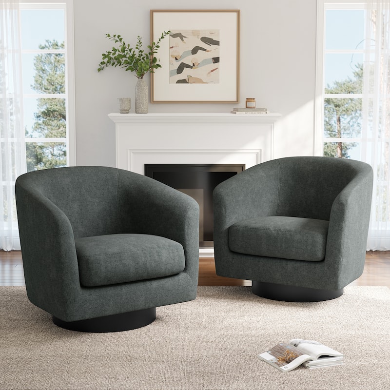 2 Set Chenille Swivel Barrel Chairs Upholstered Armchairs For Living Room - Grey