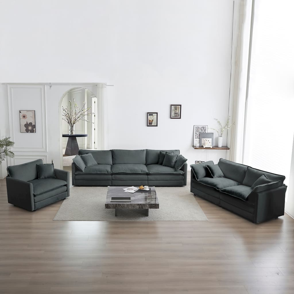 Modern 3 Piece Set Extra Deep Seat Sectional Sofa Set with Chenille Upholstery and Thick Cushions for Living Room and Guest Room