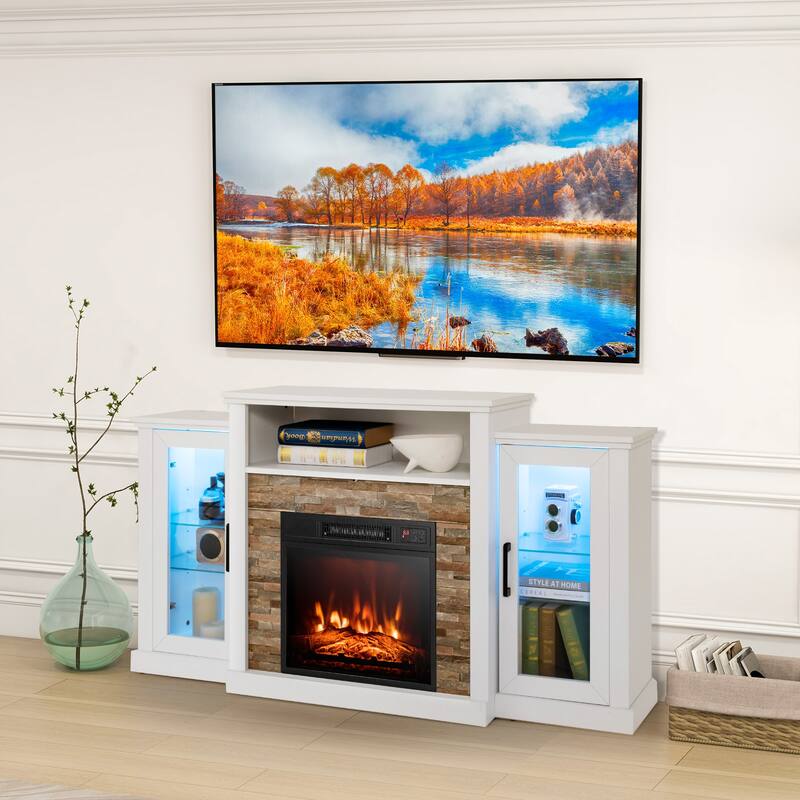 Electric Fireplace TV Stand with 16-Color LED Lights and Adjustable Glass Shelves for Living Room - 59" x 10" x 32.5"