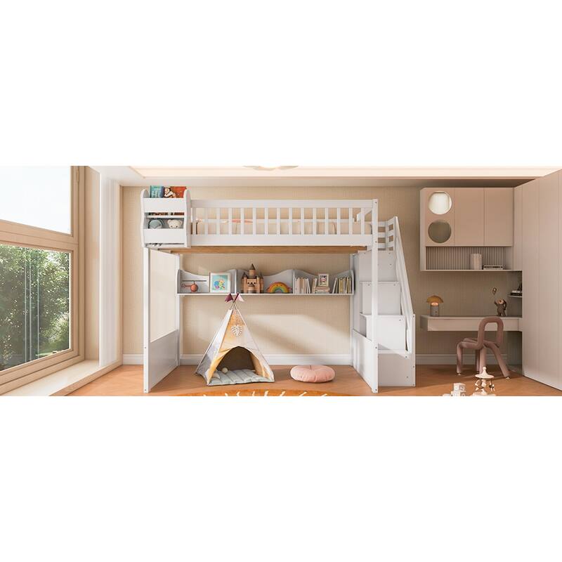 Roomfitters Queen Size Loft Bed with Wardrobe, Storage Staircase and Shelves