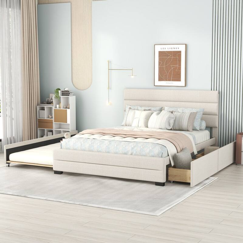 Upholstered Queen Size Platform Bed with 2 Storage Drawers and Twin Trundle Bed, Wood Queen Bed Frame with Linen Fabric