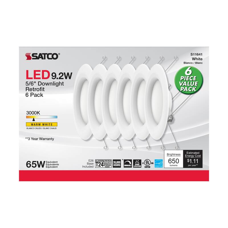 9.2 Watt LED Downlight Retrofit 5-6 inch- 90 CRI 3000K 120 Volt Pack of 6