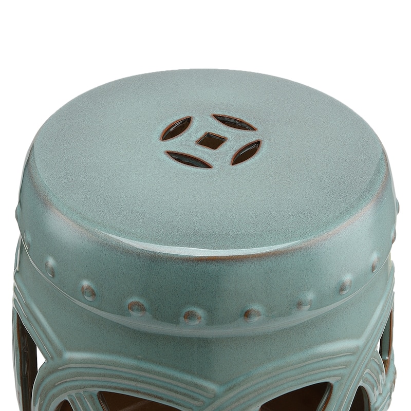 Outsunny 14" Multi-Use Ceramic Garden Stool / Round Side Table / Foot Rest with Knotted Ring Design Antique-Blue Green