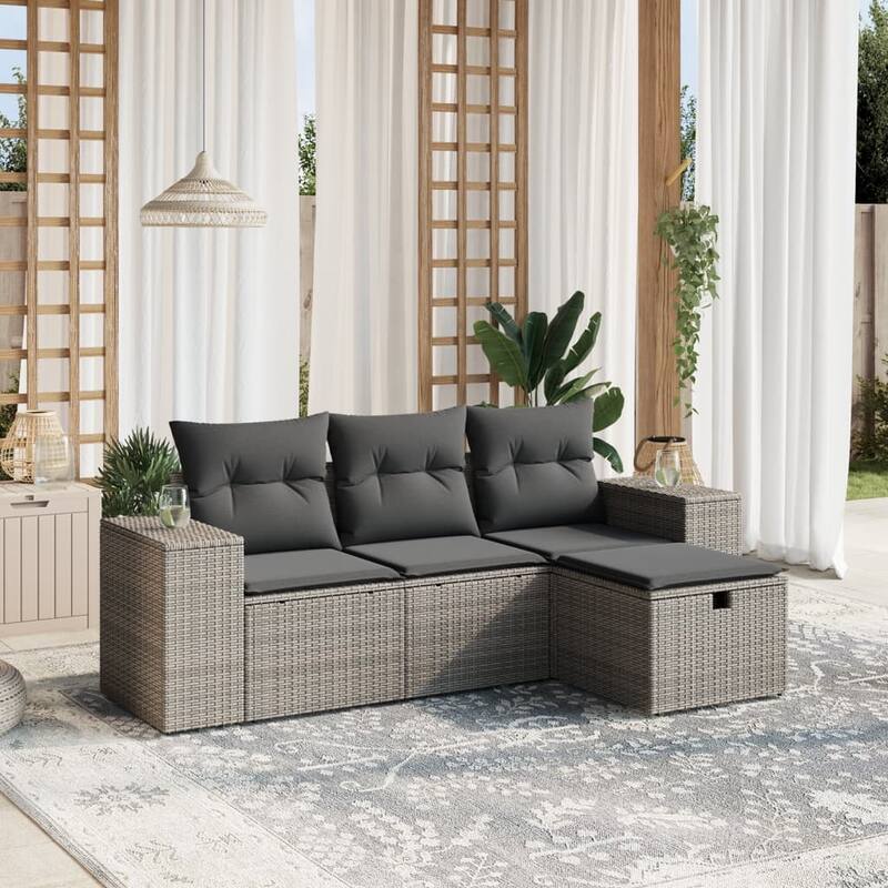 vidaXL Patio Sofa Set with Cushions Outdoor Furniture 4 Piece Poly Rattan