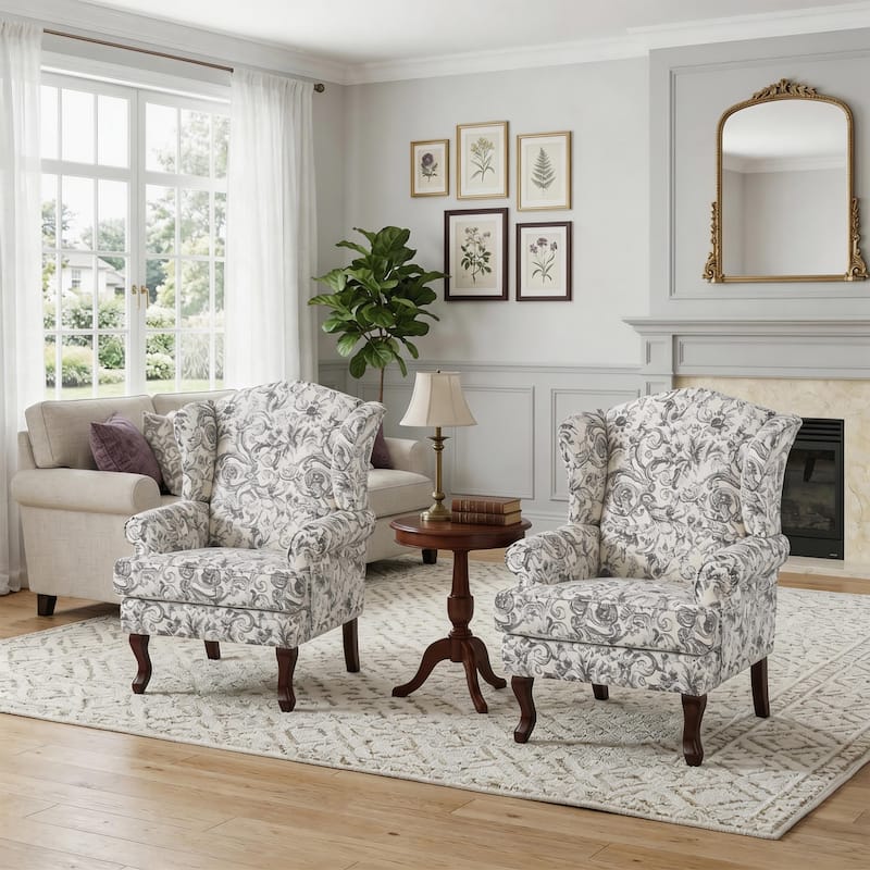2 Set Traditional Rolled Arm Wing Back Accent Chair - Rcoco Light Grey-Chenille
