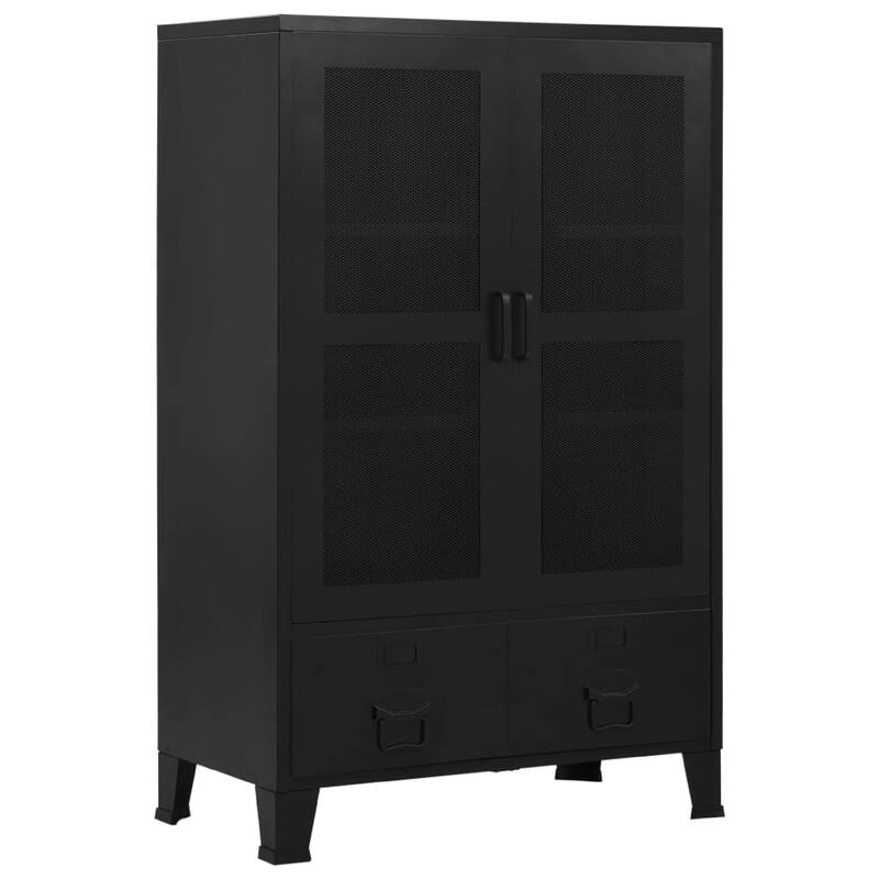 Miry Tall Office Cabinet, 2 Drawers w 2 Mesh Front Doors, Black Steel