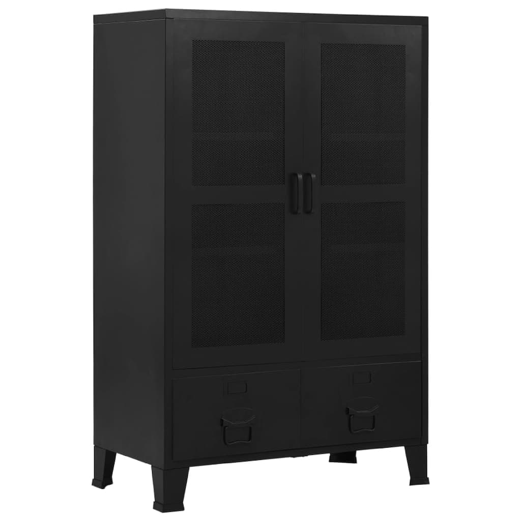 Miry Tall Office Cabinet, 2 Drawers w 2 Mesh Front Doors, Black Steel