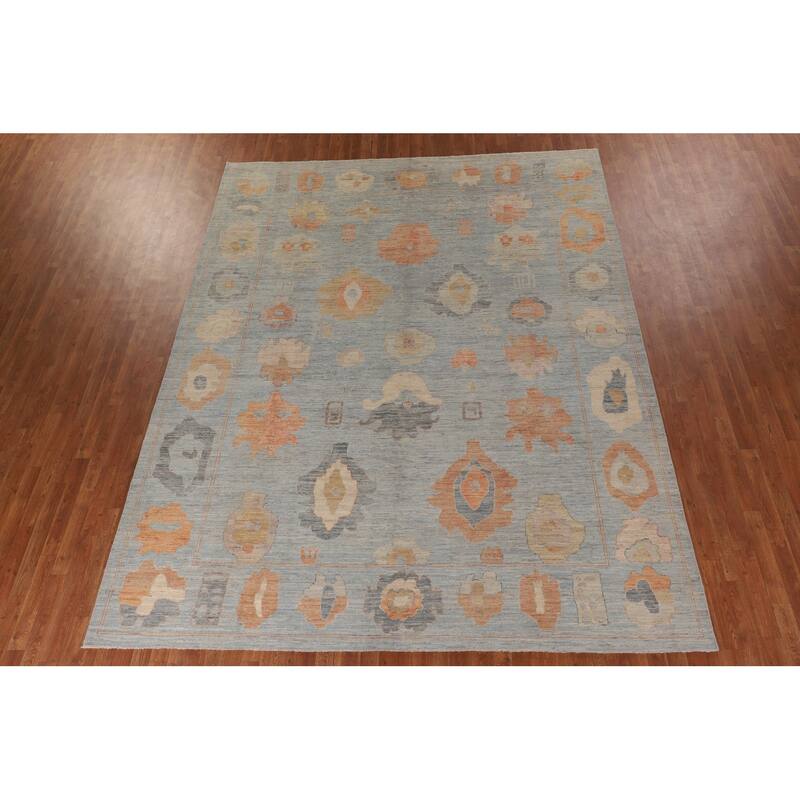 Vegetable Dye Blue Oushak Turkish Area Rug Handmade Wool Carpet - 9'4" x 11'10"