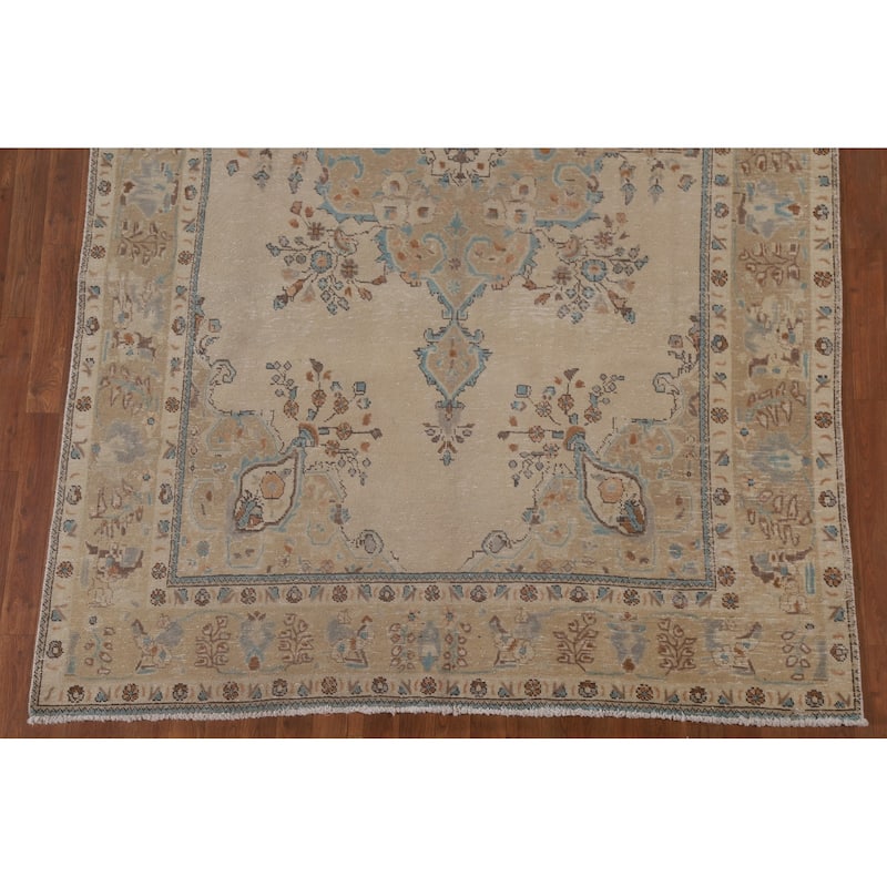 Vintage Geometric Distressed Tabriz Persian Rug Handmade Wool Carpet - 6'3" x 9'9"
