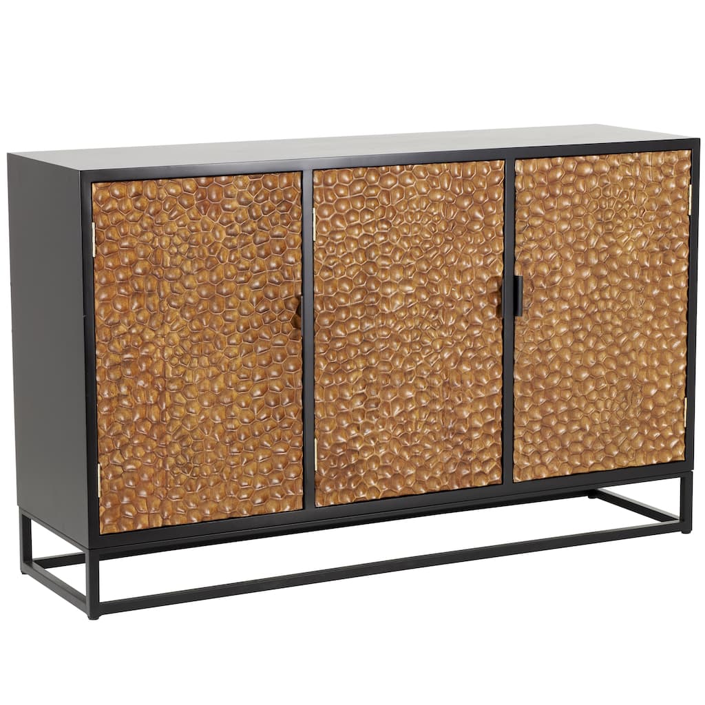 Wooden Handmade Carved Pebbled 3 Door Sideboard with Black Metal Frame - Brown - Roche River Decor