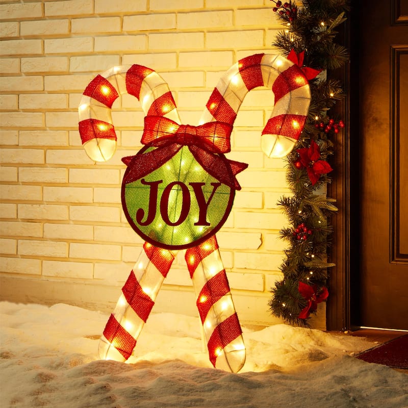 Glitzhome 35"H Lighted Christmas Candy Cane Decor with 60 LED Lights - 3D Candy Cane
