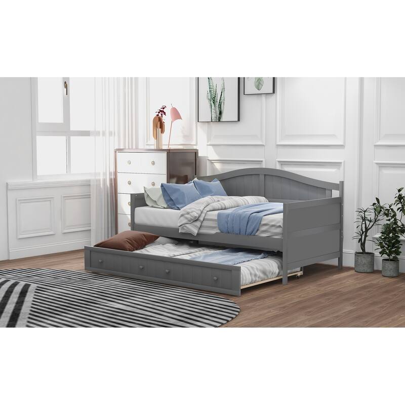 Twin Wooden Daybed with Trundle Bed, Sofa Bed for Bedroom and Living Room, Gray