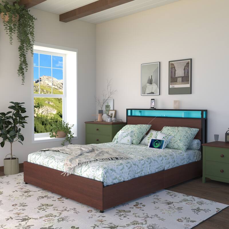 Queen Bed Frame with Storage Headboard, Charging Station, LED Lights, and Easy Assembly