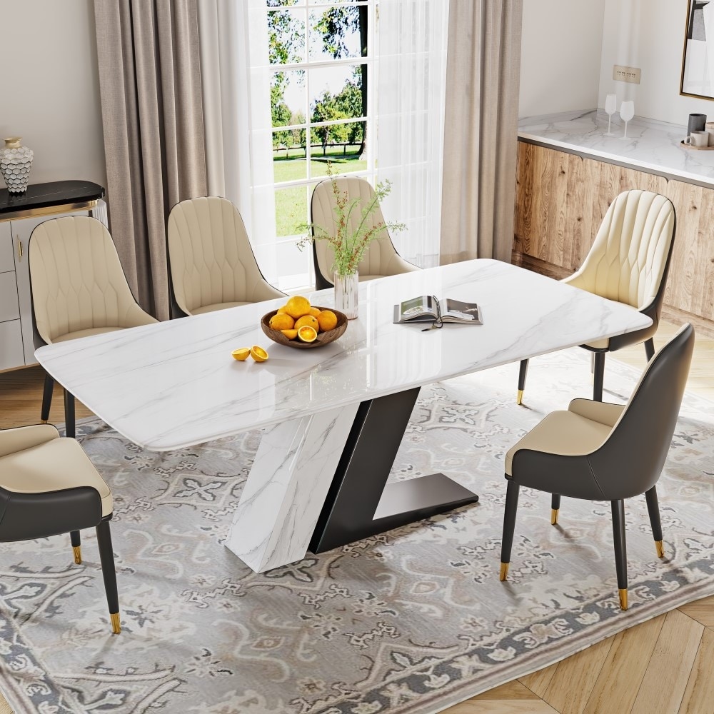 Modern and Luxury White Dining Table, with Rectangular Sintered Stone Tabletop Z-shaped Stainless Steel Base