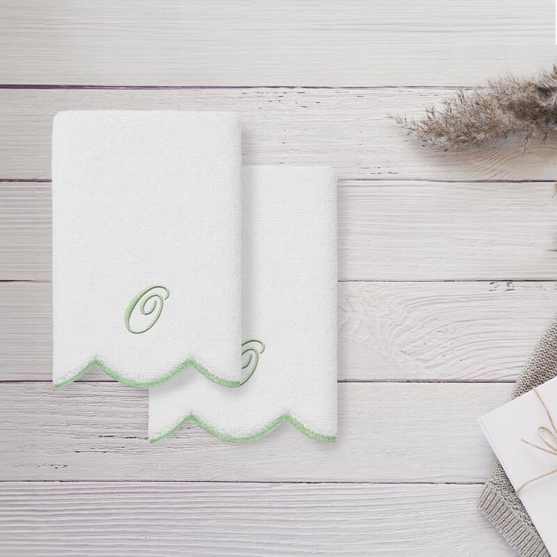 Authentic Hotel and Spa 100% Turkish Cotton Green ADORNIA Scallop Personalized 2 Piece Fingertip Towel Set - 2 Fingertip Towels