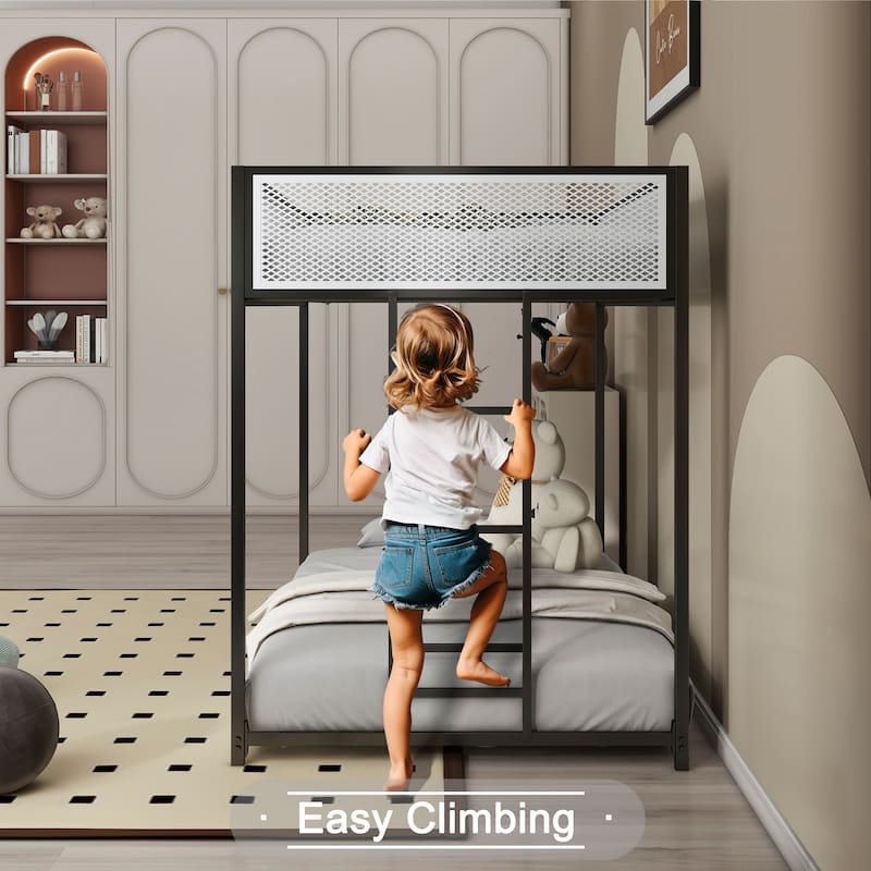 Low Profile Twin Over Twin Metal Bunk Bed with Safety Guard Rails and Exchangeable Ladder