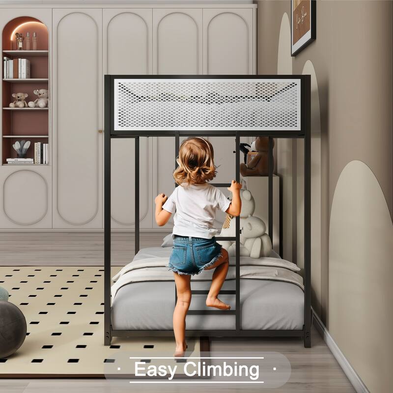 Twin over Twin Metal Bunk Bed with White Mesh Guardrails and Interchangeable Ladder