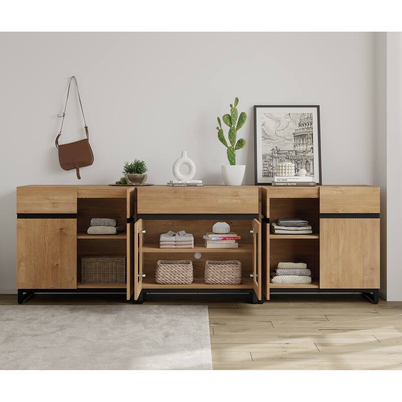 WAMPAT Modern Dresser with Adjustable Shelves and Drawer, 3 in 1 Storage Cabinet with Glass Doors, Chest of Drawers for Bedroom