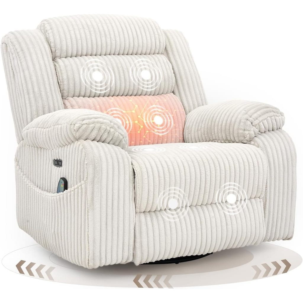 270° Swivel Velvet Recliner, Extra Wide Power Recliner Chair w/Heat Massage - USB & Type C Charging Port