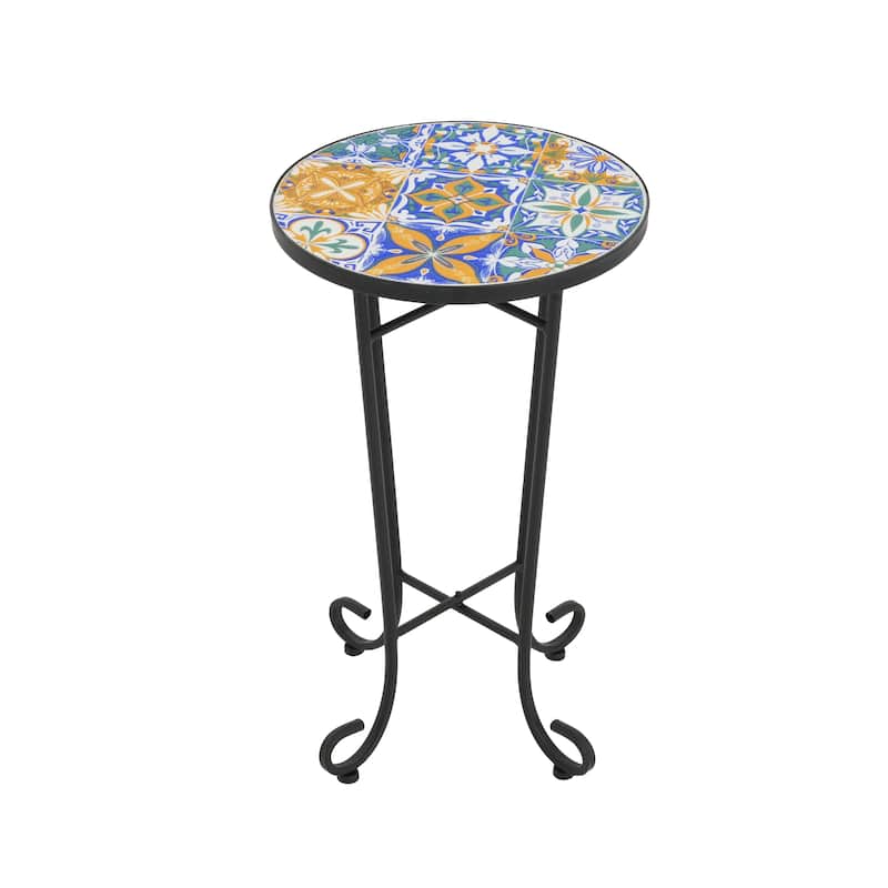 Roomfitters Mosaic Outdoor Patio Side Table with Ceramic Tile Top and Curvy Legs, Colorful