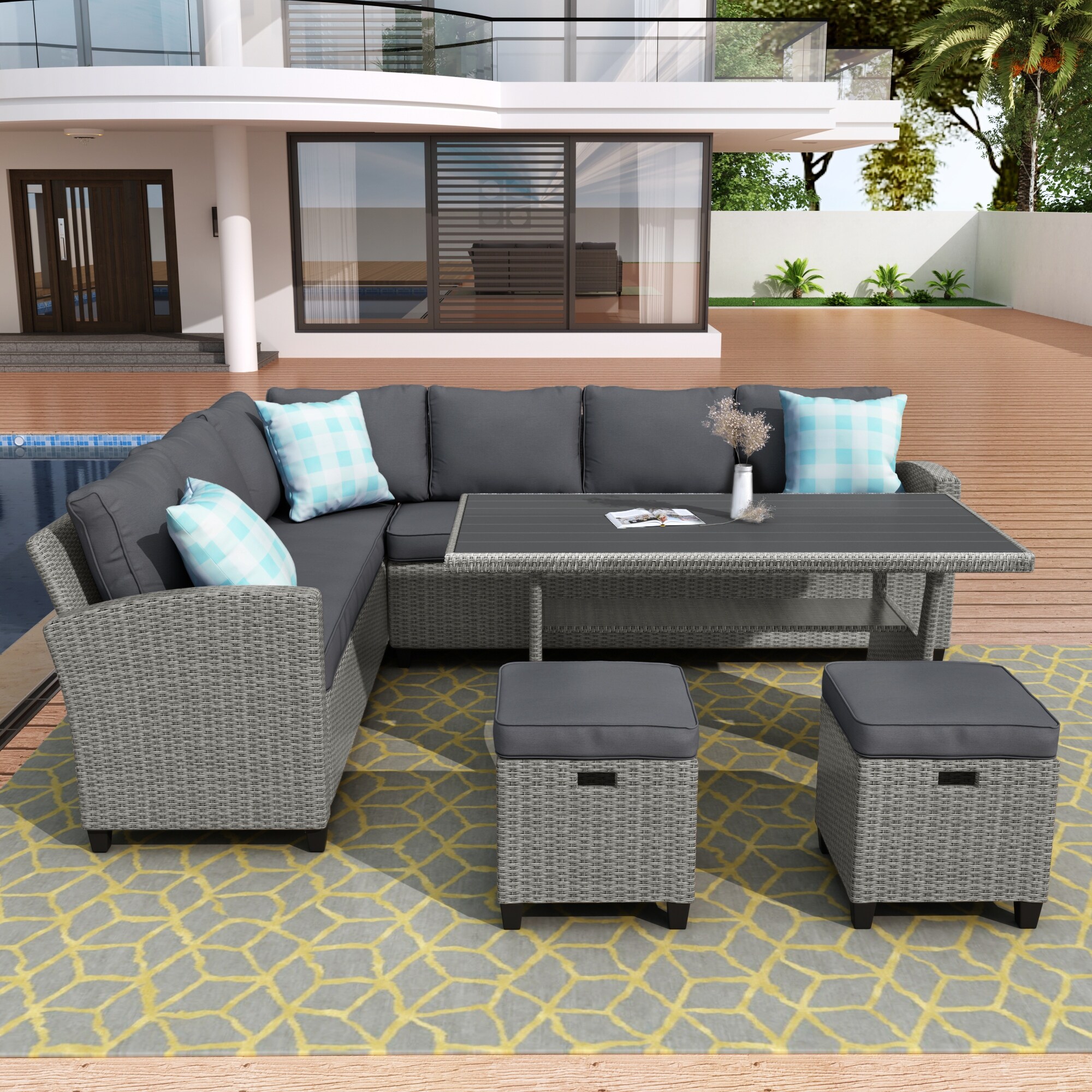 5 Piece Weatherproof Resin Wicker Patio Furniture Set with Steel