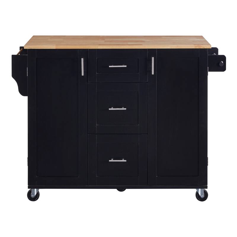 50 in. W Kitchen Island Rubberwood Top on 5 Wheels with 3 Drawers and 2 Slide-Out Shelf