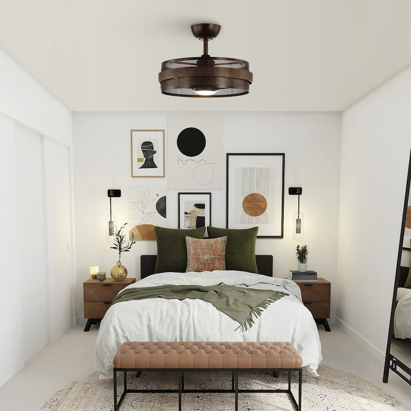 21" Industrial Encolosed Metal Caged Ceiling Fan with LED Light and Remote - Oil robbed bronze