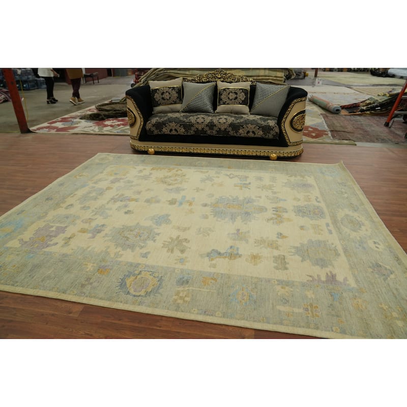 Vegetable Dye Wool Oushak Turkish Area Rug, Floral Geometric Carpet - 11' 1'' X 8' 11''