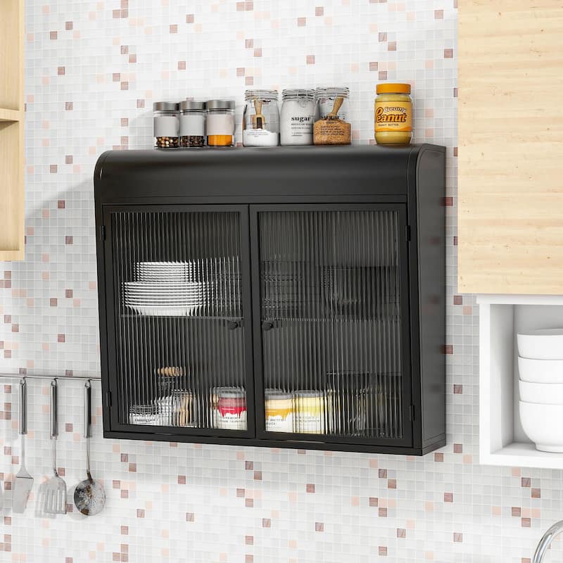Modern Fluted Glass Wall Cabinet - Adjustable Shelves - Black