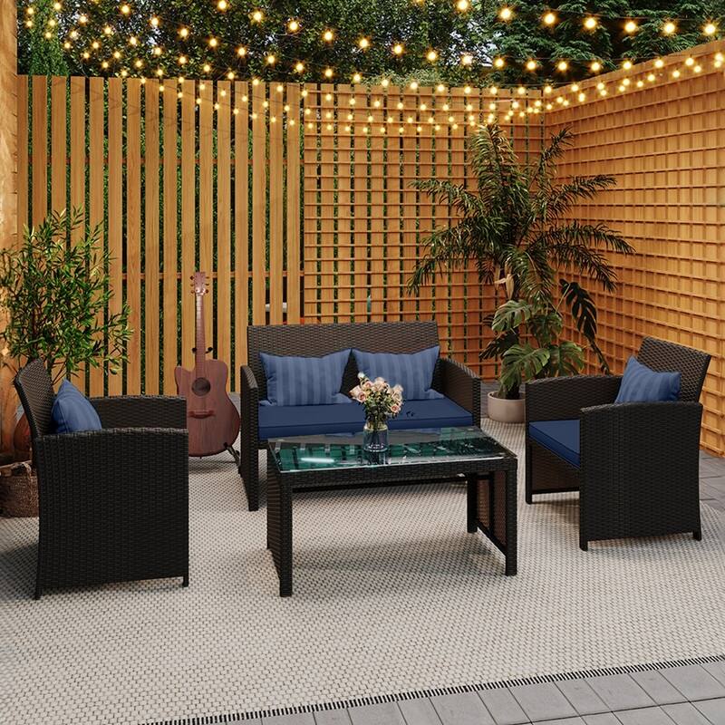 EROMMY 4-Piece Patio Furniture Set with Cushions, Wicker Sofa and Glass Coffee Table, All-Weather PE Rattan Conversation Set