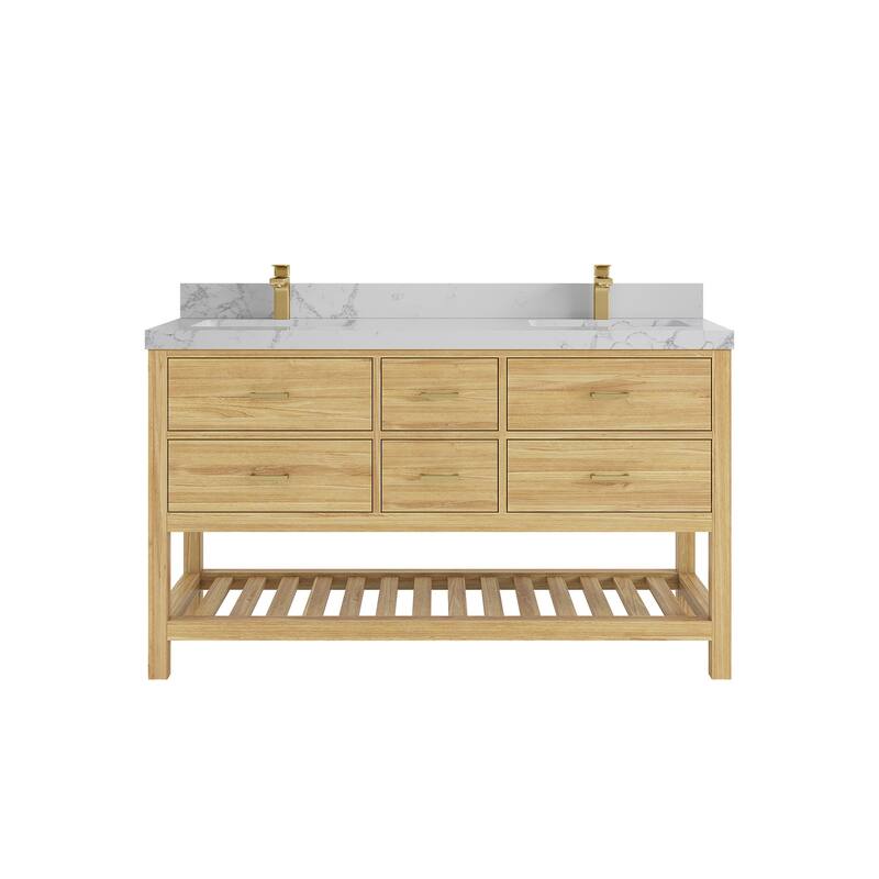 Willow Collections 60 in. W x 22 in. D Parker Solid Teak Double Sink Bathroom Vanity with Countertop