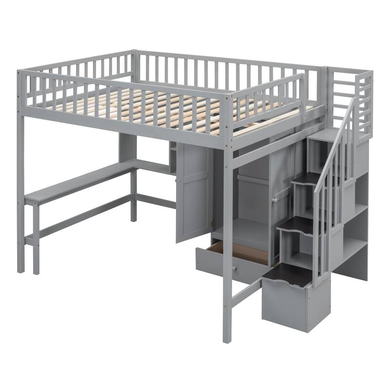 Full Size Loft Bed with Storage, Study Desk, Drawers, and Wardrobe, Space-Saving Design for Bedrooms
