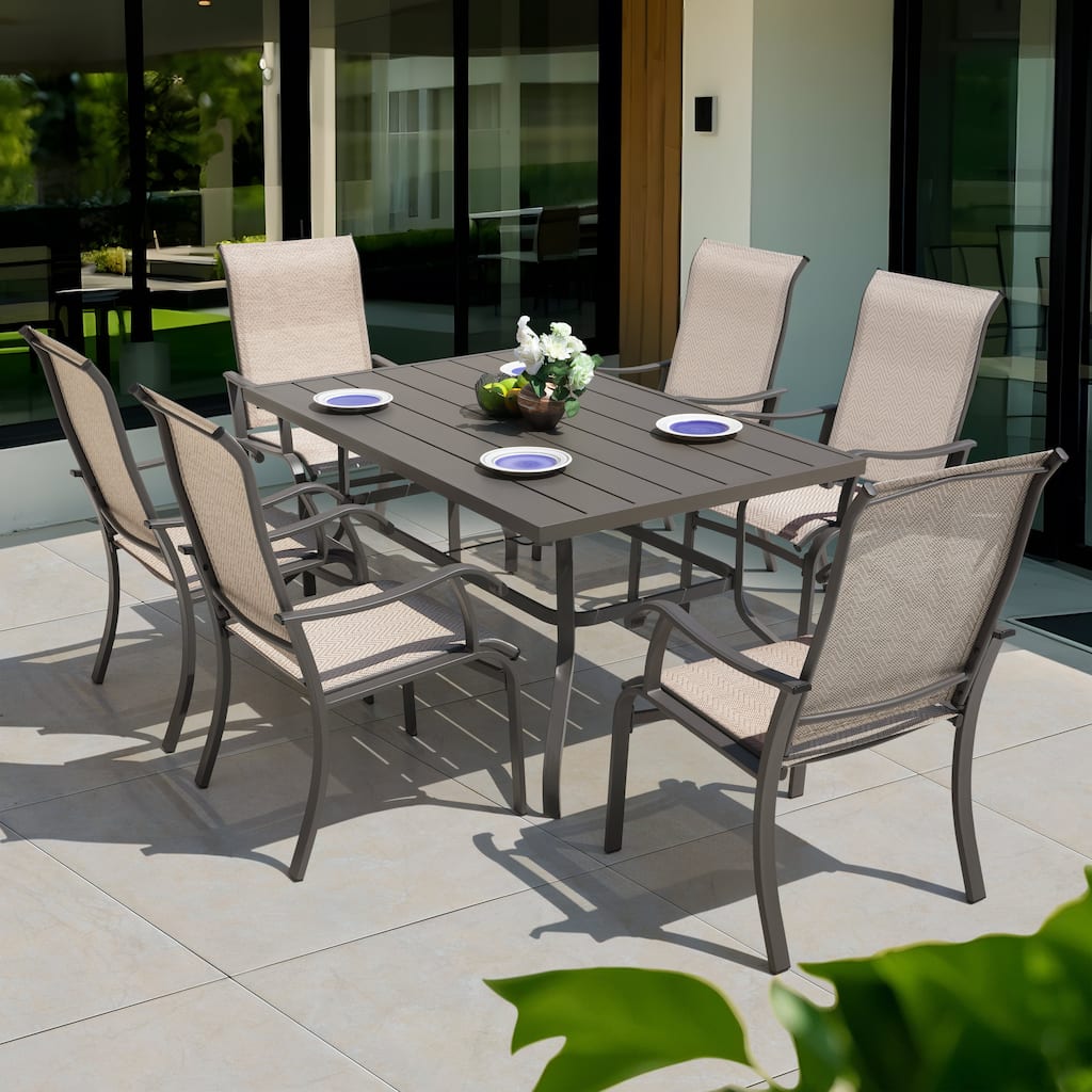 Patio 7-Piece Textilene Dining Set with Umbrella Hole, Beige and Gray
